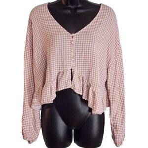 SO Pink‎ Gingham Blouse Ruffle Hem Long Sleeve Casual Top Womens XL